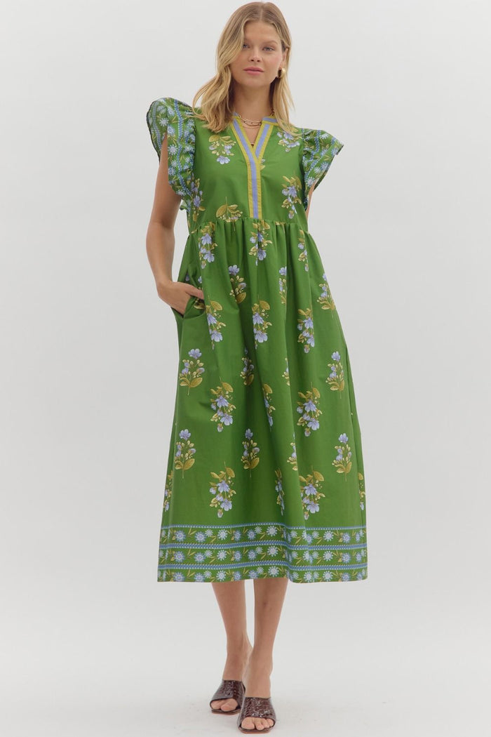 Floral print framed border pattern flutter sleeve pullover midi dress