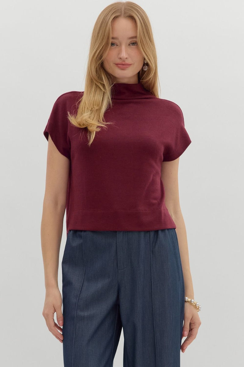 Solid knit mock neck pullover top