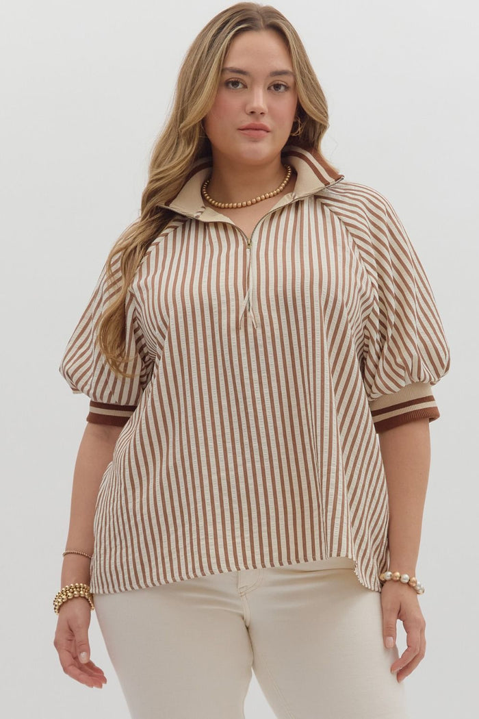 Plus Stripe pattern half-zip closure short puff sleeve top
