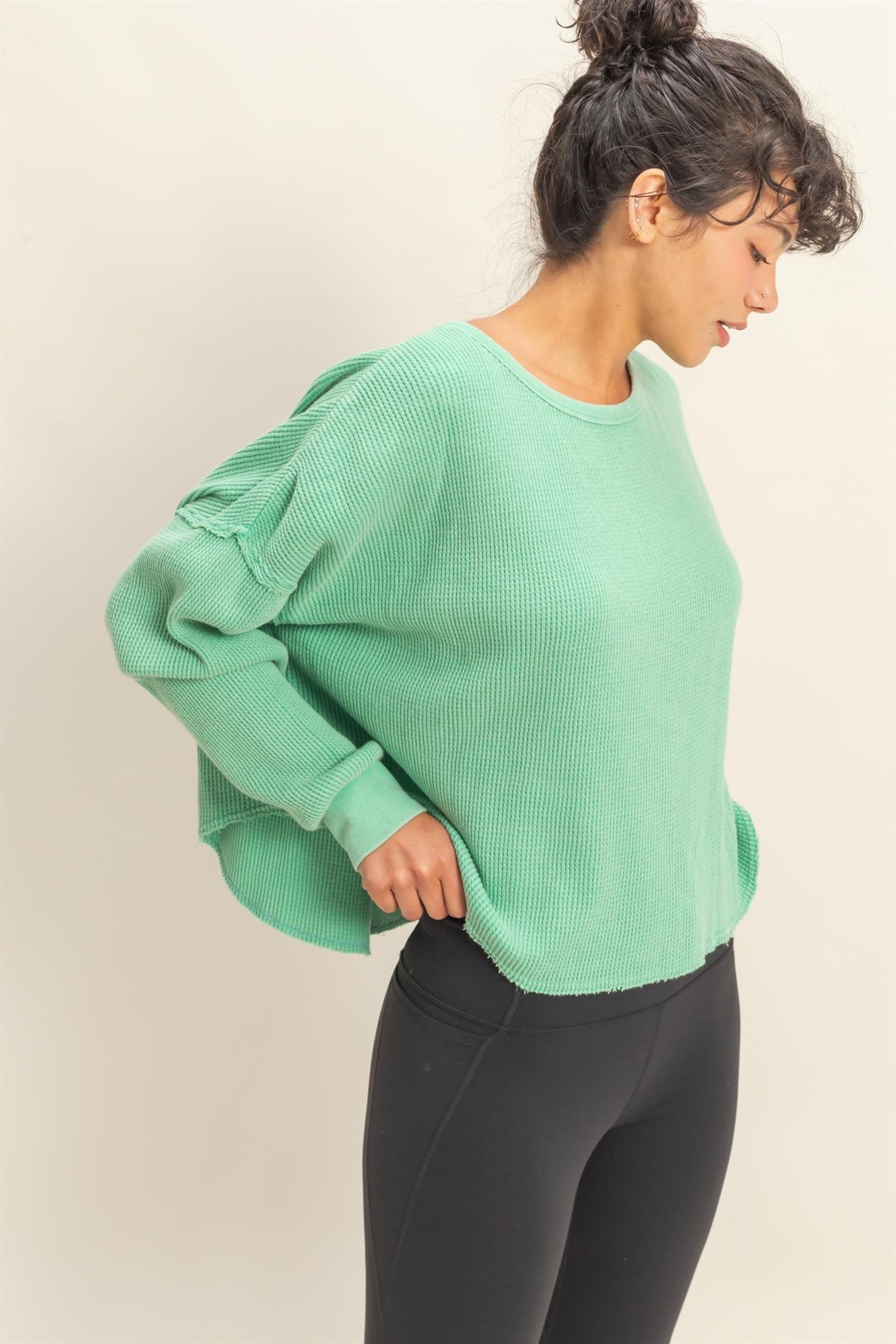 Mineral Wash Dropped Shoulder Waffle Knit Top