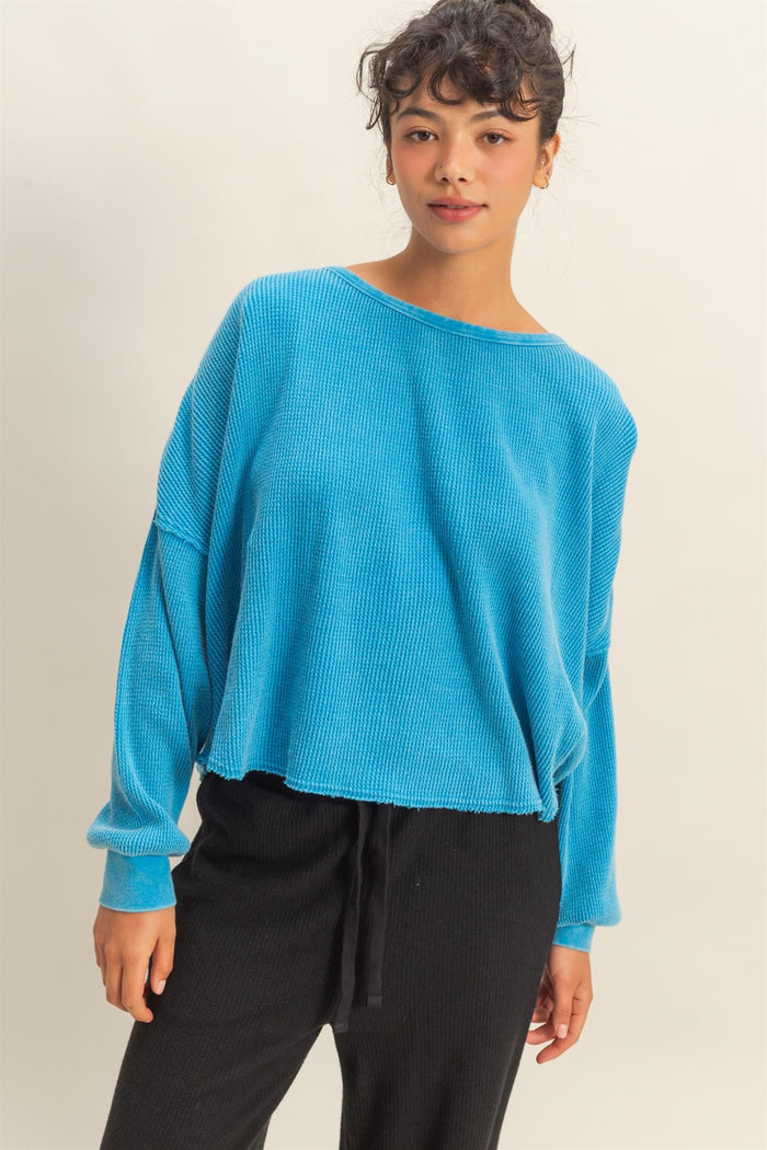 Mineral Wash Dropped Shoulder Waffle Knit Top