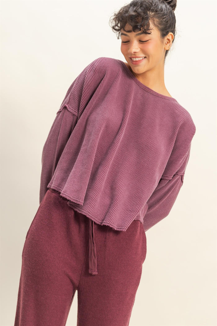 Mineral Wash Dropped Shoulder Waffle Knit Top