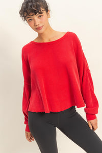 Mineral Wash Dropped Shoulder Waffle Knit Top