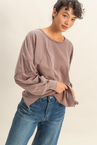Washed Oversized Long Sleeve Top With Slit