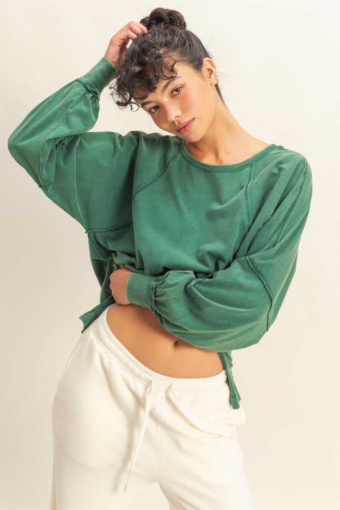 Washed Oversized Long Sleeve Top With Slit
