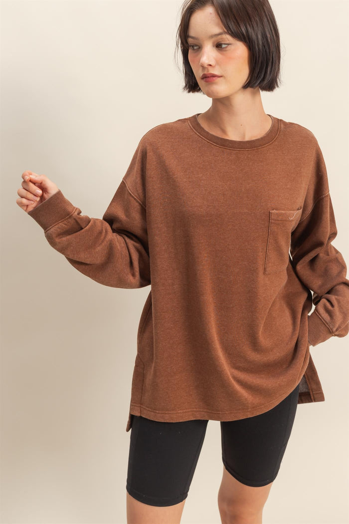 Basic Crew Neck Single Pocket Pullover Sweatshirt