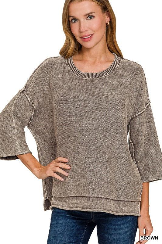 Washed 3/4 Sleeve Boxy Sweater
