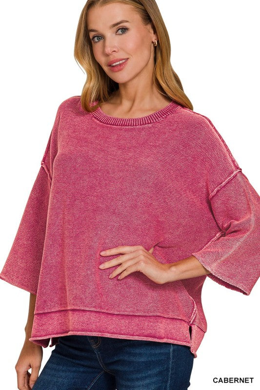 Washed 3/4 Sleeve Boxy Sweater