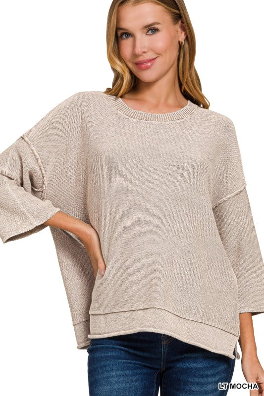 Washed 3/4 Sleeve Boxy Sweater