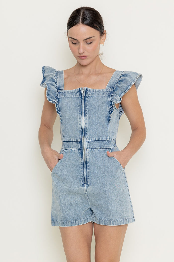 Ruffles Sleeve Washed Denim Shorts Jumpsuit