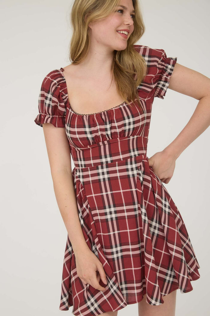 Plaid Short Puff Sleeve Mini Dress