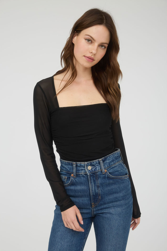 Ruched Waist Square Neck Long Sleeve Knit Top