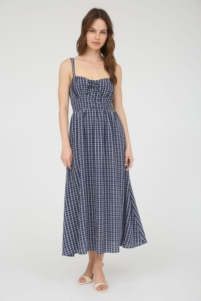 Plaid Corset Front Tie Sleeveless Midi Dress