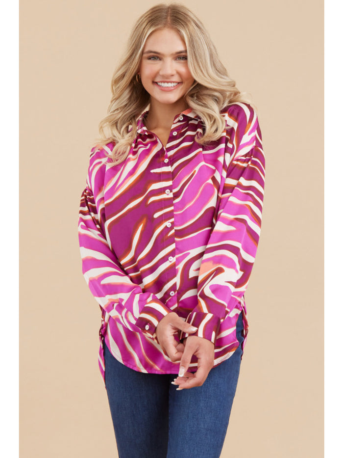 Swirl print satin top with collared neck