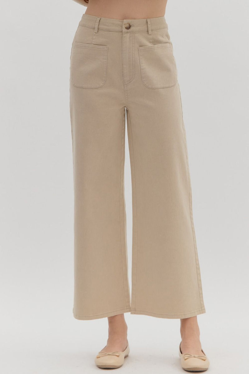 Solid high waisted wide leg ankle length pants