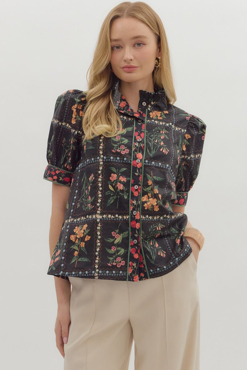 Floral print ruffle neck band collar button front closure top