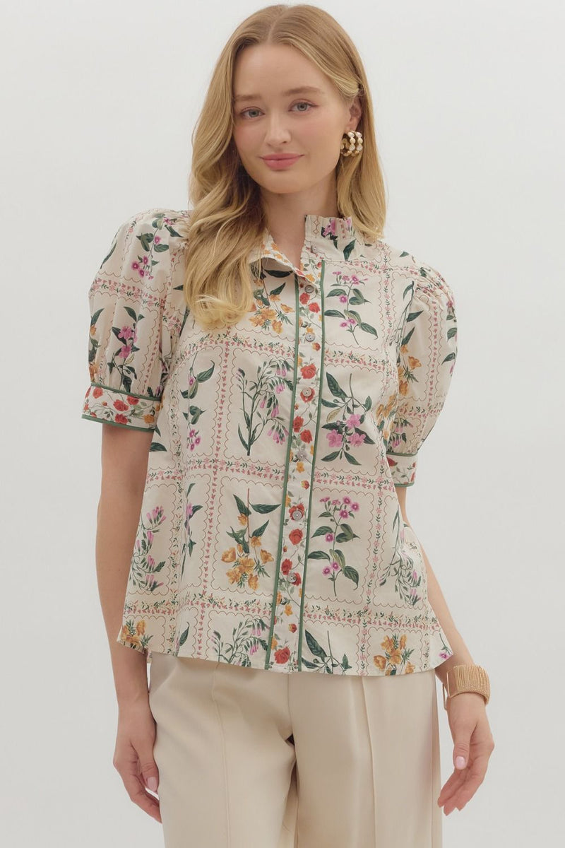 Floral print ruffle neck band collar button front closure top