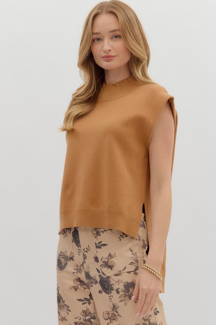 Solid mock neck muscle tee sweater knit hi-lo pullover.