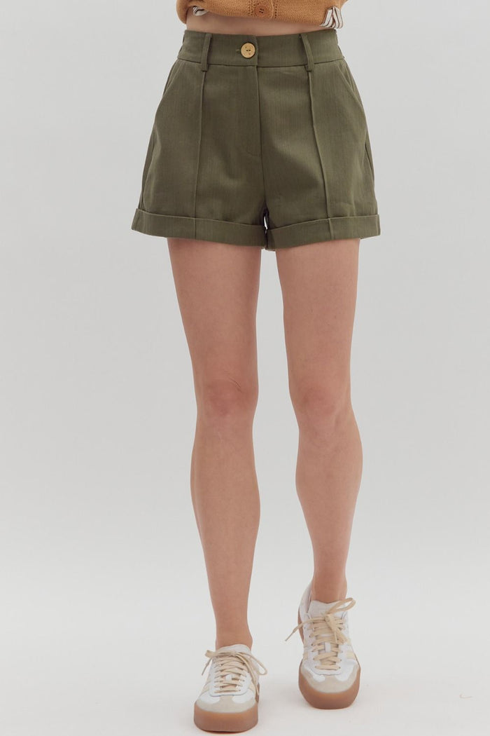 Solid high waist pleated rolled cuff hem pintuck shorts.