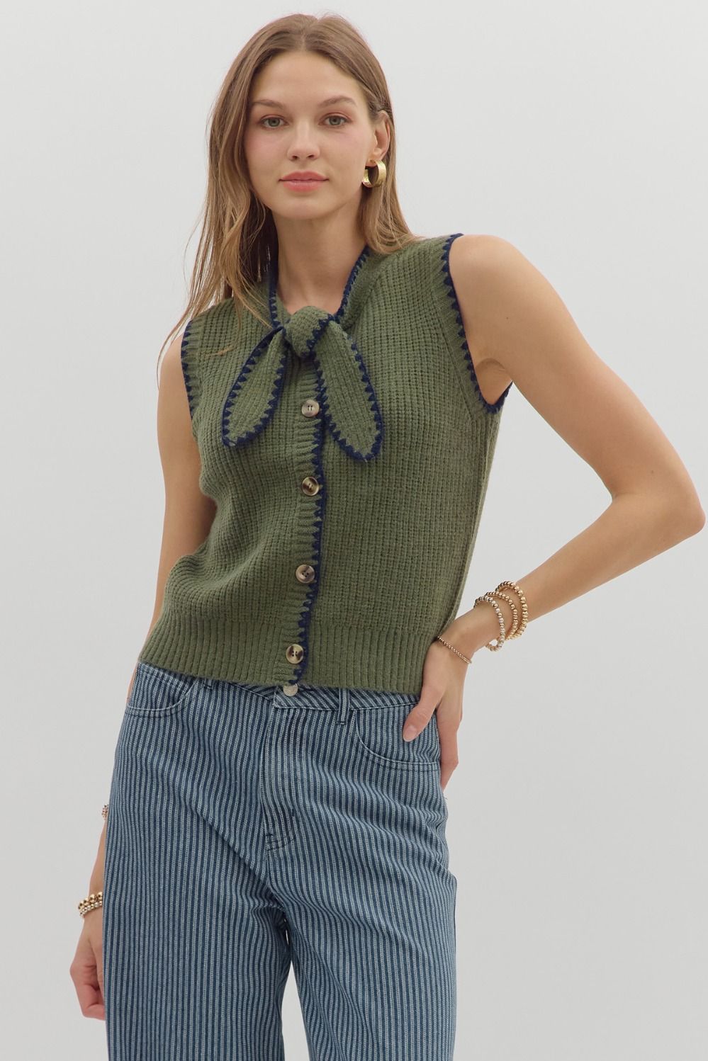 Solid sleeveless sweater knit button front knot closure top