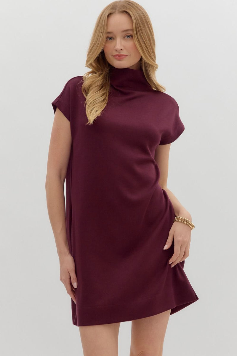 Solid jersey mock neck pullover mini dress