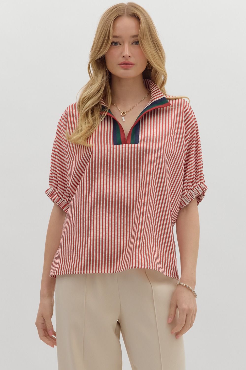 Stripe pattern high neck elasticated sleeve band dolman top