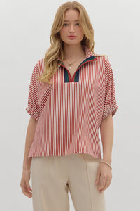 Stripe pattern high neck elasticated sleeve band dolman top