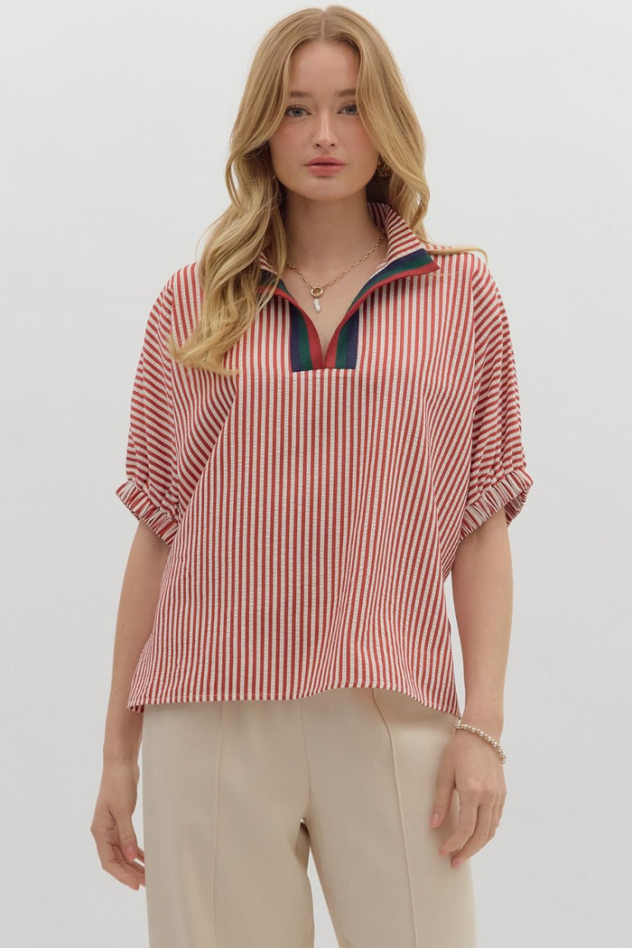 Stripe pattern high neck elasticated sleeve band dolman top