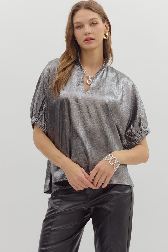 Metallic V-neck band collar short dolman sleeve top
