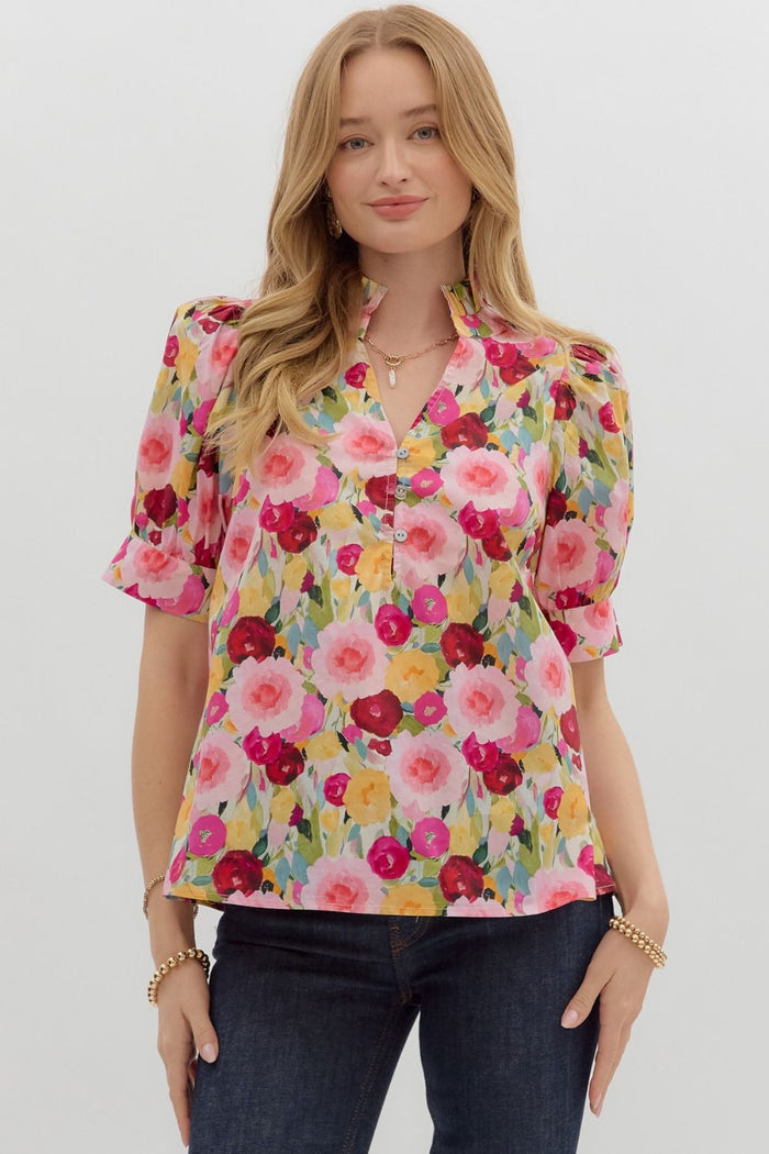 Floral print cuff band short puff sleeve top featuring pleated ruffle accent