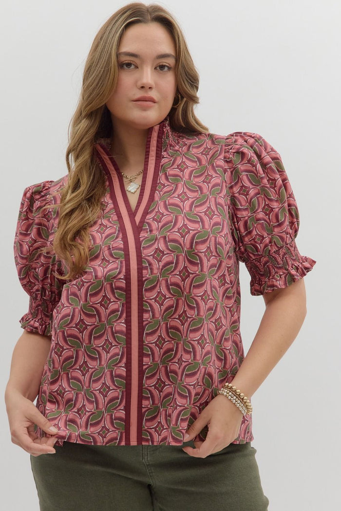 Astract pattern smocked cuff band short puff sleeve top