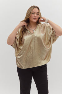Metallic V-neck band collar short dolman sleeve top