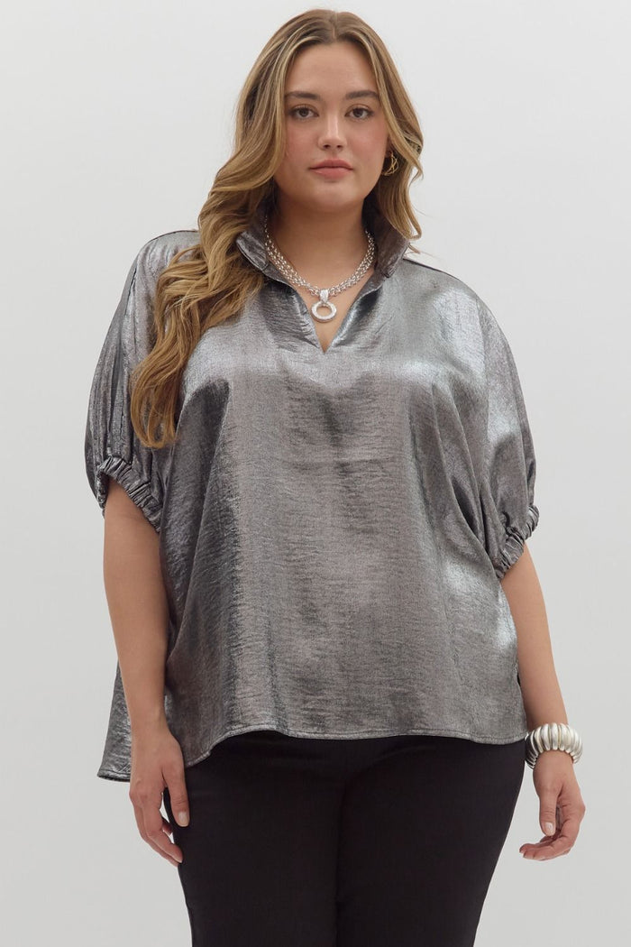 Metallic V-neck band collar short dolman sleeve top