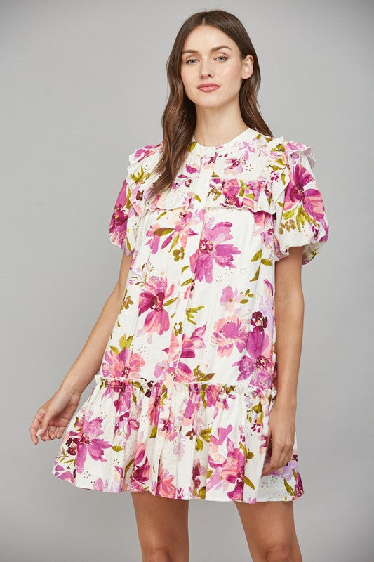 Ruffled Yoke Detail Short Sleeve Mini Dress