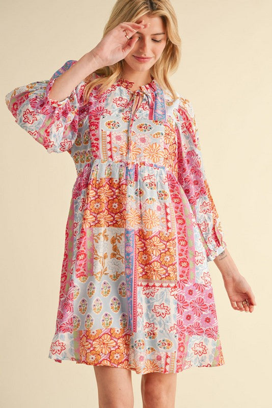 Patchwork Print 3/4 Sleeves Dress