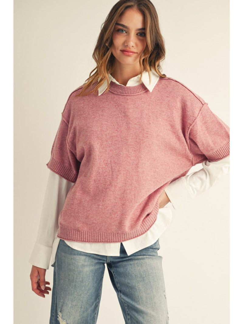 Drop shoulder comfy sweater top with raw edge detail.
