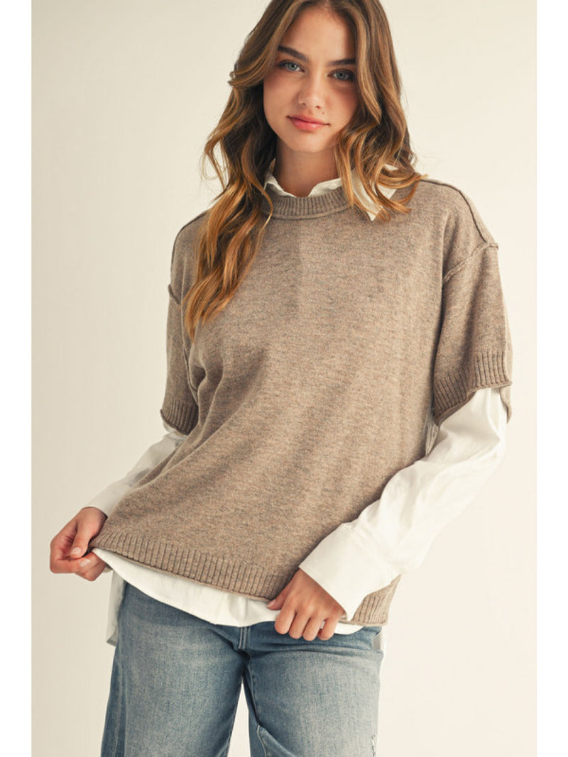 Drop shoulder comfy sweater top with raw edge detail.