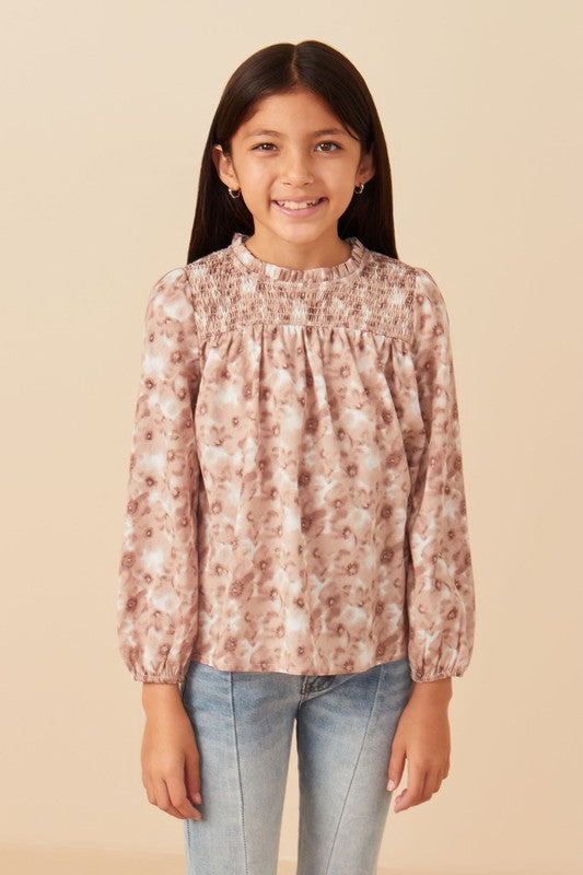 Girls Floral Smocked Yoke Long Sleeve Top