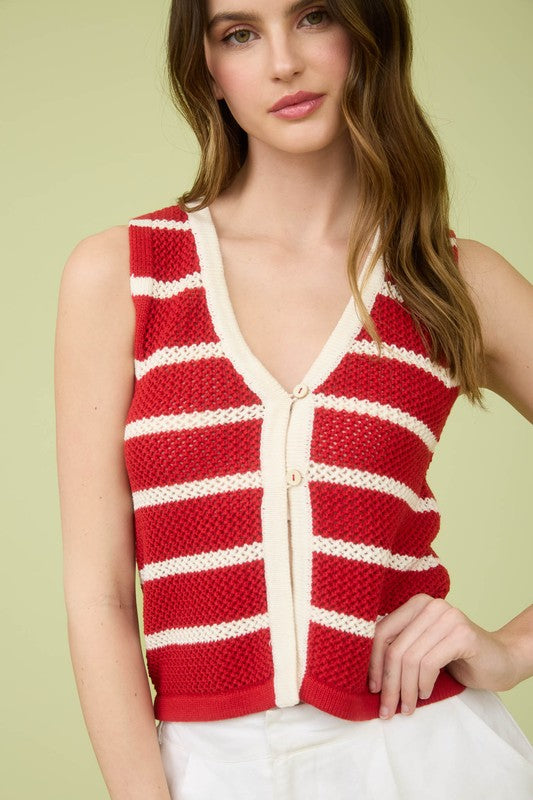 Stripe V Neck Button Front Split Hem Knit Vest