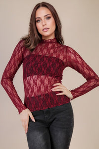 High Neck Fitted Sheer Mesh Lace Knit Top