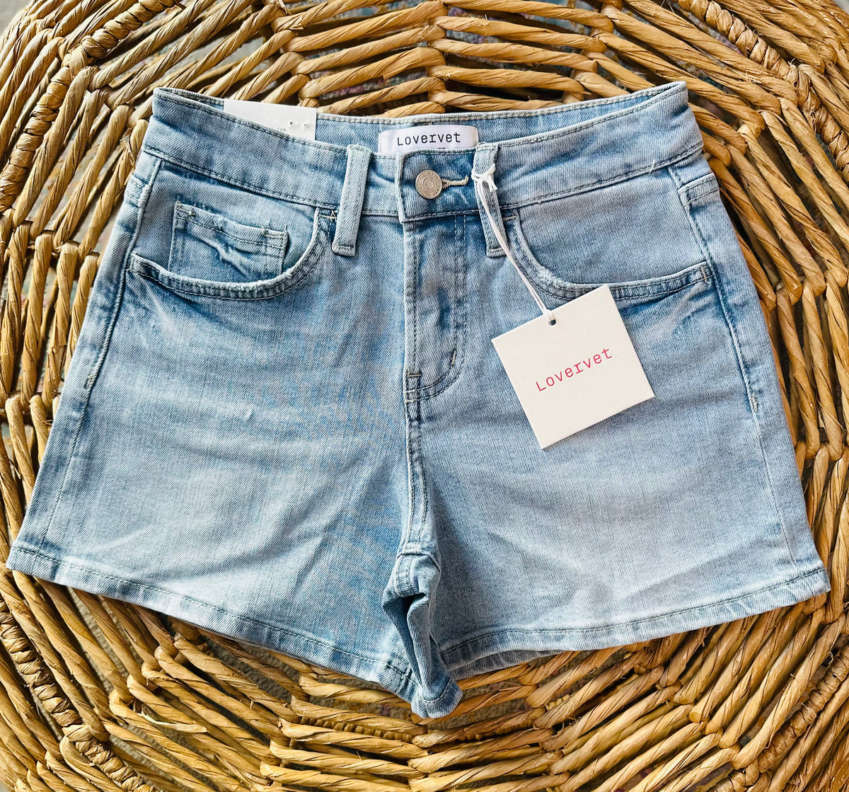 Lovervet High Rise Medium Light Wash Denim Shorts