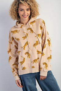 PLUS SIZE-TIGER PRINTED WASHED TERRY HOODIE PULLOVER