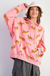 PLUS SIZE-TIGER PRINTED WASHED TERRY HOODIE PULLOVER