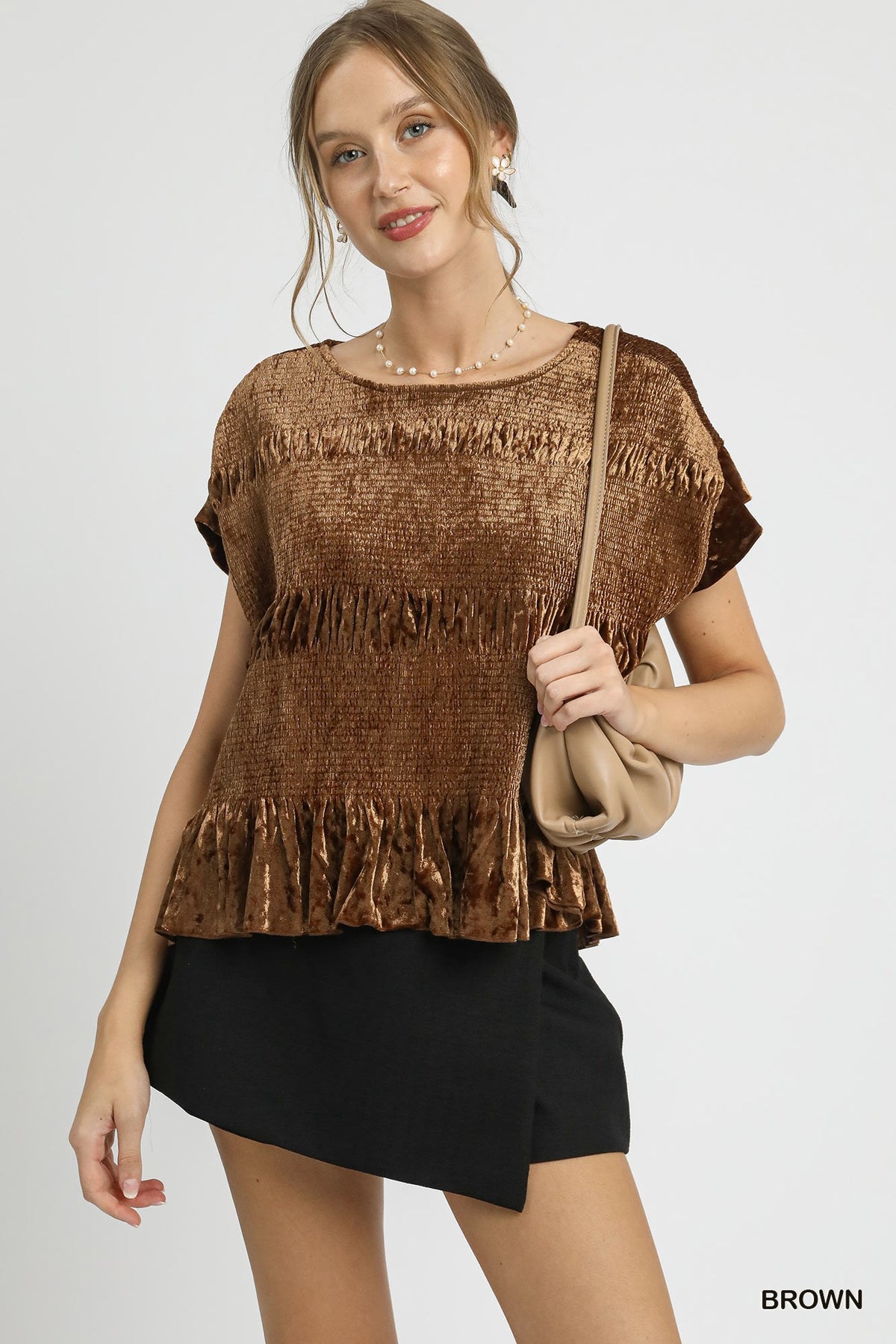 Velvet Ruffle Hem Smocked Blouse