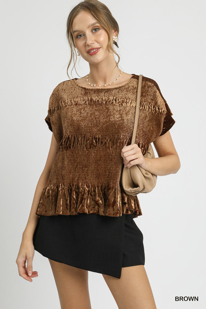 Velvet Ruffle Hem Smocked Blouse