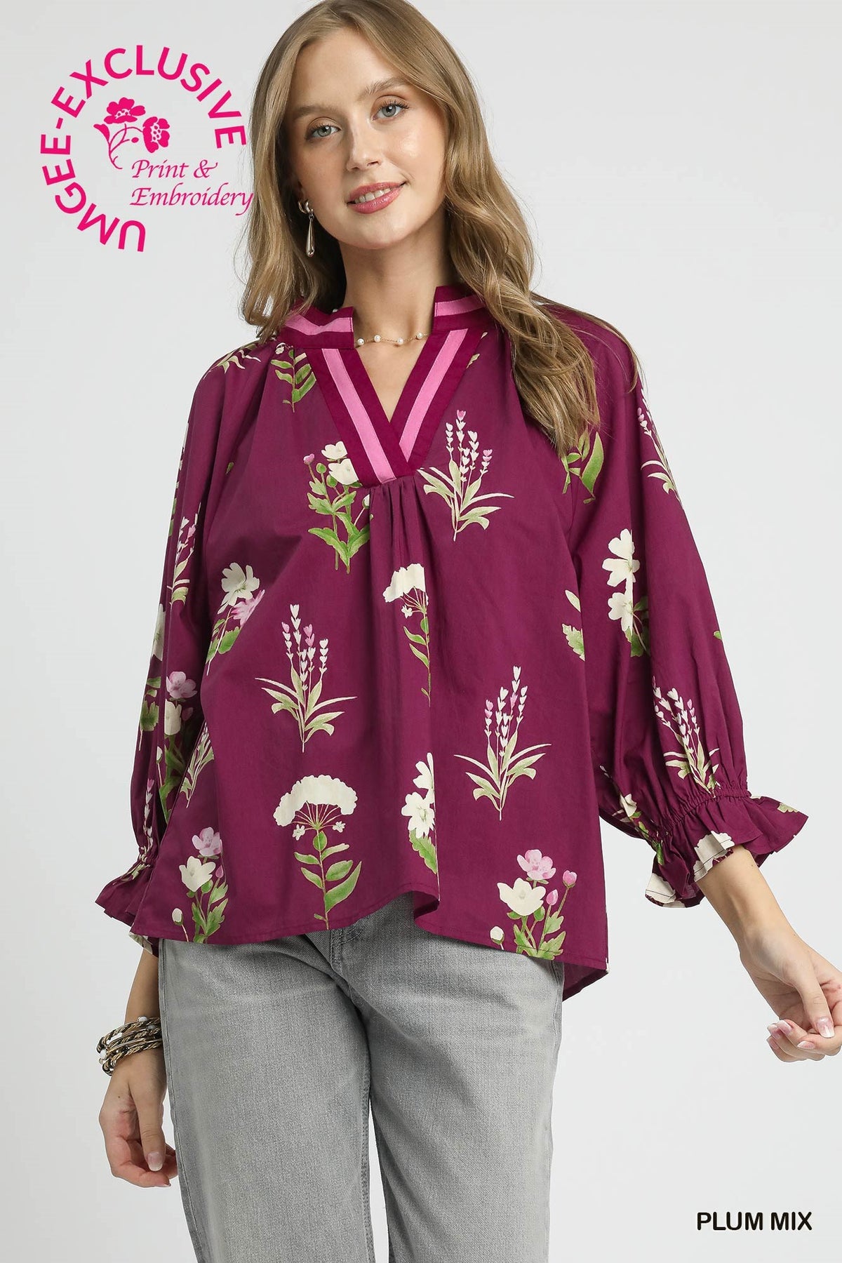 Floral Contrast Trim Blouse