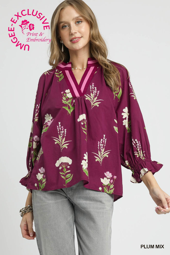Floral Contrast Trim Blouse