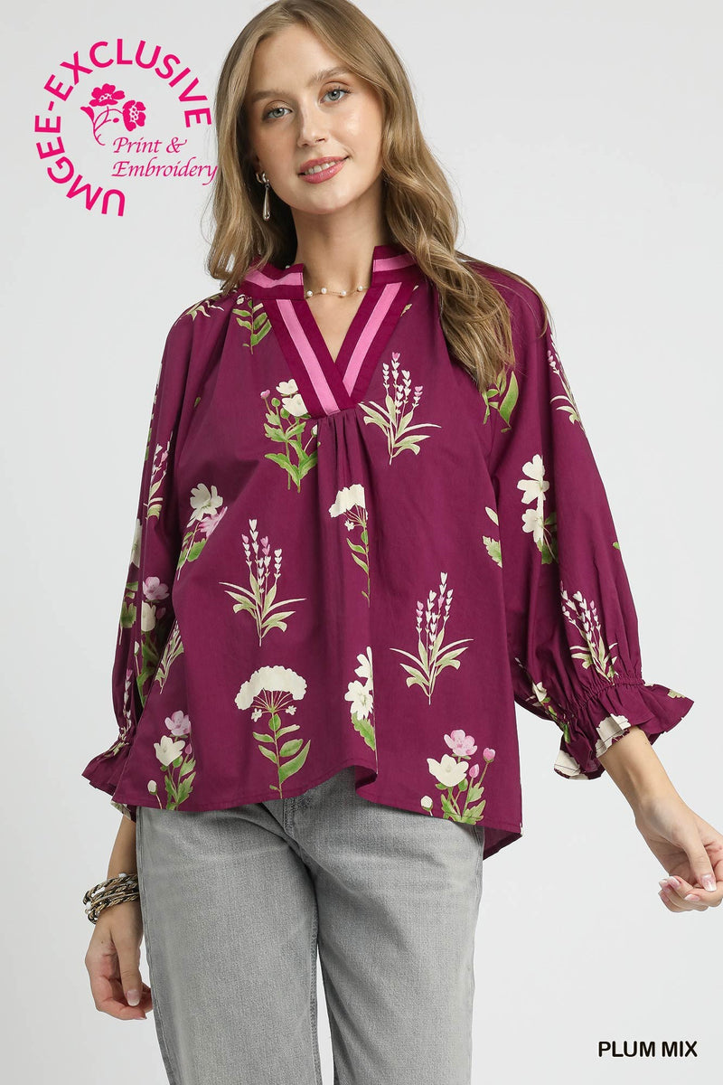 Floral Contrast Trim Blouse