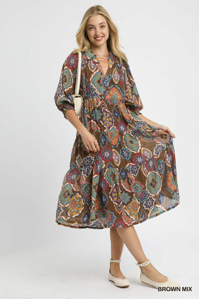 Boho Print Tiered Midi Dress