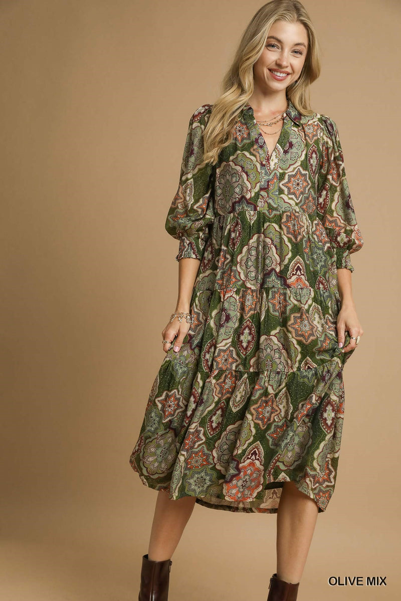 Boho Print Tiered Midi Dress